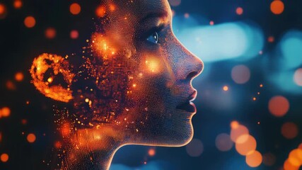 3D rendering of a person's head and shoulders set against a futuristic, illuminated background with digital elements such as binary code and particles. - Powered by Adobe