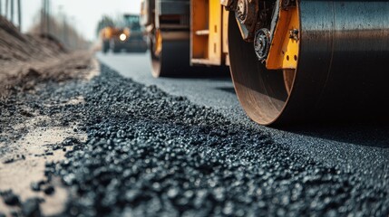 Beautiful photo of asphalt paving, road construction, hot asphalt being compacted by a roller. Close-up view of the process.