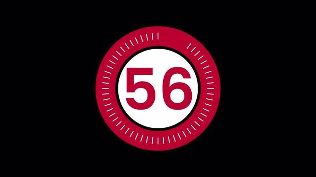 60 Seconds Countdown Red Timer with White Dashed Circle in Modern Flat Design on Transparent Background. Timer from 60 to 0 seconds. 60 Seconds Countdown Minimal Circle Timer Animation in 4K