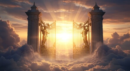 Golden gate in clouds with angel statues under radiant sunlight