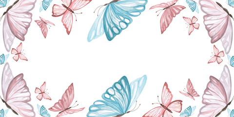 Rectangular frame with butterflies. Isolated watercolor illustration with graceful insects for design of children's goods, interiors, textiles and clothes, printing on postcards.