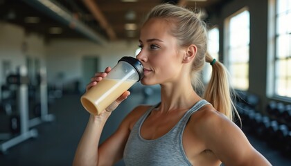 Young athletic woman drinks protein shake in gym. Refreshed, focused after workout. Healthy lifestyle, fitness goal attainment. High protein beverage for muscle recovery, energy boost.