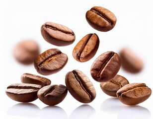 falling coffee beans on white background