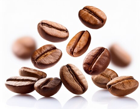 falling coffee beans on white background