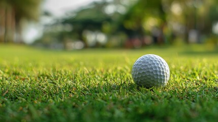 Obraz premium Beautiful photo of close-up of golf ball on green grass of golf course, sunny day, blurred backdrop.
