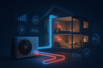 Evening view of smart home heat pump with illuminated digital monitoring interface