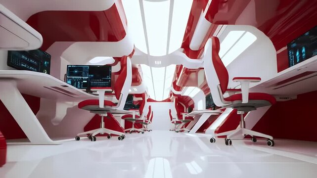 Sleek Futuristic Office Interior in White and Red with Modern Desks and Chairs with High Tech Computer Screens