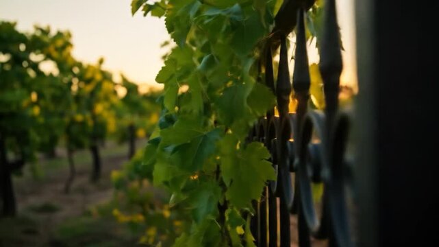 Vineyard landscape with iron fence and green vine at sunset