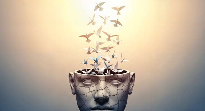 Mindfulness and Freedom Concept with Birds Flying from a Cracked Head - Powered by Adobe