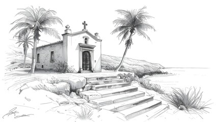 Small Chapel on Coastal Cliff with Palm Tree