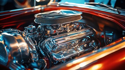 Fototapeta premium Polished chrome V8 engine in classic car.
