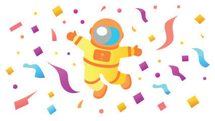 Astronaut floating amidst colorful confetti with arms raised in a celebratory pose on white background