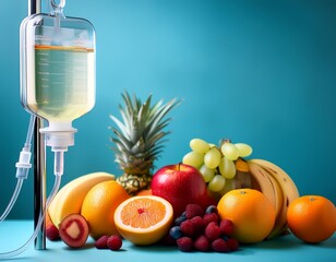 iv drip brimming with fresh fruits on a blue backdrop symbolizes modern healthcare offering nutritional infusion and wellness benefits through vitamin therapy for optimal health