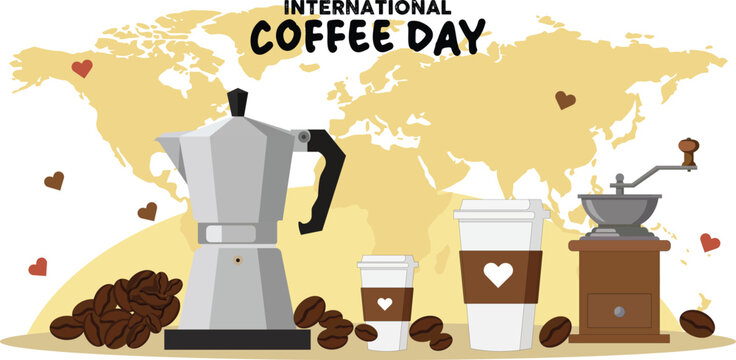 International Coffee Day flat lay with moka pot coffee grinder heart cup & beans on world map background