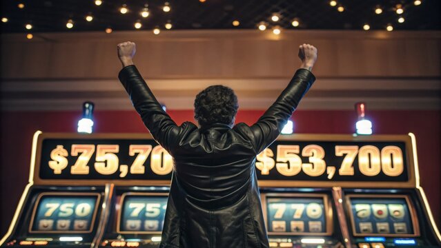 A silhouette celebrating a huge slot machine win with fists raised in a bright casino under warm