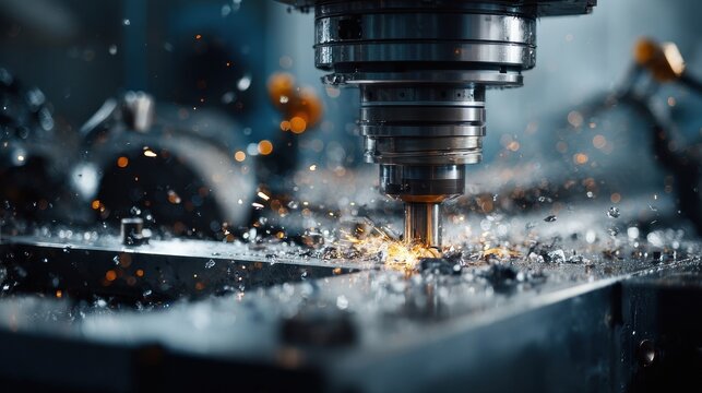 Beautiful photo of close-up of a CNC lathe machine precision metalworking, with metal shavings and sparks, emphasizing modern manufacturing processes.