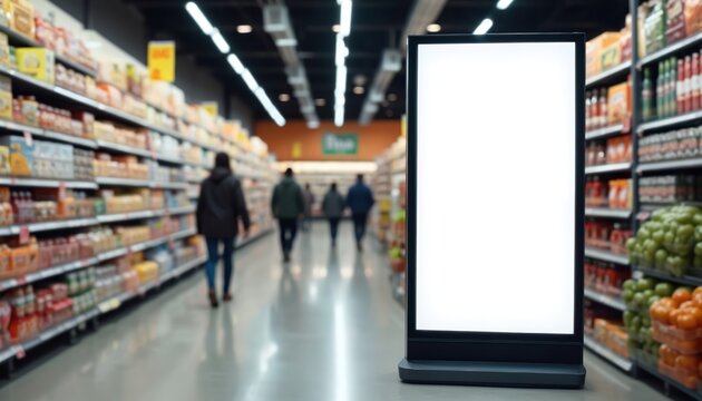 Blank digital screen mockup in grocery store aisle. Vertical advertising display for retail marketing promotions in supermarket. Point of sale signage near shelves with products offers branding space.