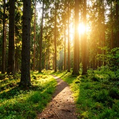 Obraz premium Sunlit path through lush, green forest