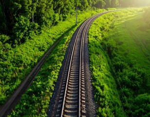 Fototapeta premium Sunlit railway tracks curve through lush green hillside