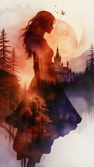 Epic Full-Body Portrait of a Beautiful Woman with Forest or Futuristic Castle in Double Exposure &ndash; Northern Lights and Galaxy Colors in Red, Orange, and Golden Hues (AI Generated)