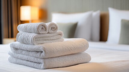Beautiful photo of clean white bed features neatly folded fluffy towels ready for hotel guest use. Crisp bedding, plush pillows create inviting atmosphere. Minimalism, comfort.