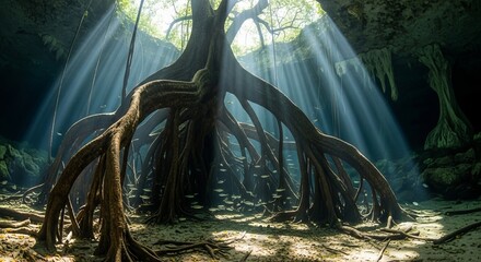 Underwater cenote tree roots and sun rays scenic view nature landscape photography