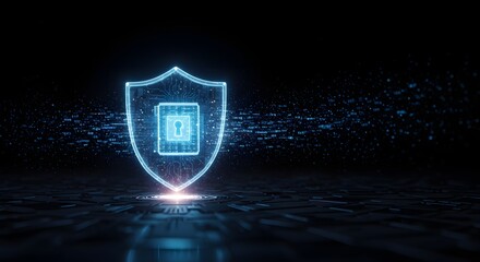 Cybersecurity shield with lock, digital data protection concept.