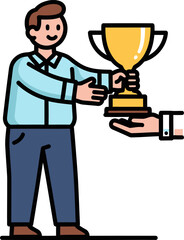 Fototapeta premium A smiling cartoon man receives a large golden trophy from an outstretched hand.