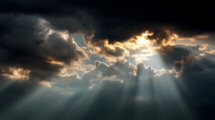 Dramatic sky with sun rays breaking through dark storm clouds, sun rays, storm clouds, dramatic, sky, weather, nature, sunlight.