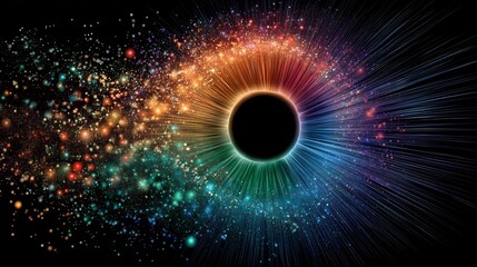 Abstract depiction of a cosmic event with bright colors, radiating energy, and dark central form.