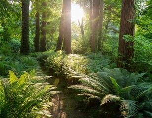 lush green ferns in sunlit forest pathway surrounded by tall trees and vibrant light rays creating a serene and tranquil nature scene for peaceful retreats