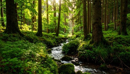 Sunlit stream flows through lush green forest