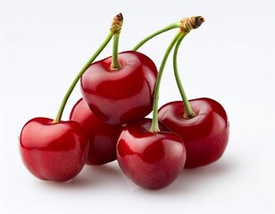 isolated cluster of fresh red cherries with stems