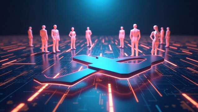 A futuristic vision of a digital business network, with avatars standing in a circle around a glowing human icon on a circuit board platform