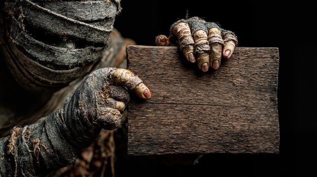 Creepy mummy holding blank wooden sign on dark background.