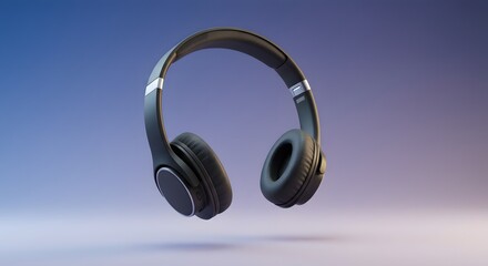 Modern black wireless over-ear headphones with cushioned ear pads floating on gradient blue background, premium audio technology concept