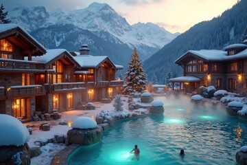 Couple relaxing in an outdoor thermal spa pool at a luxury alpine ski resort, surrounded by snowy mountains and cozy chalets at dusk.