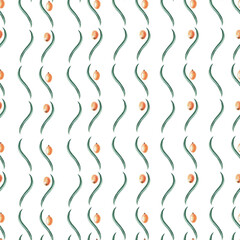 Seamless pattern with curved leaves and sea buckthorn berries. Watercolor illustration for packaging design, printing on fabric and kitchen textiles.