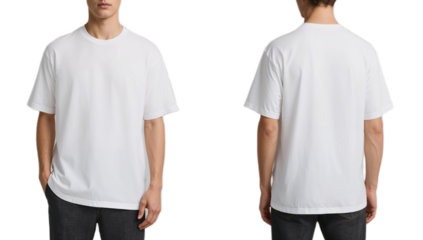 Front and back views of a plain white t-shirt on a male model.