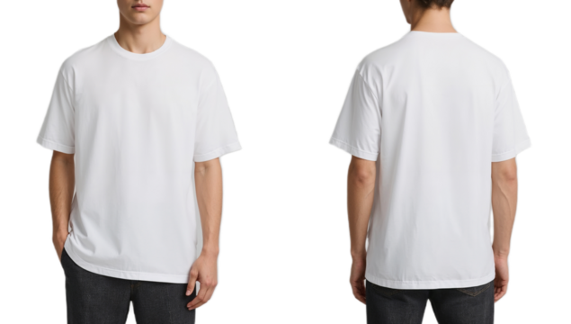 Front and back views of a plain white t-shirt on a male model.