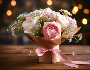 an elegant bouquet with soft pink roses, white ranunculus, and baby's breath, wrapped in brown craft paper with a pale pink satin ribbon, placed on a rustic wooden table