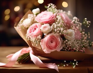 an elegant bouquet with soft pink roses, white ranunculus, and baby's breath, wrapped in brown craft paper with a pale pink satin ribbon, placed on a rustic wooden table