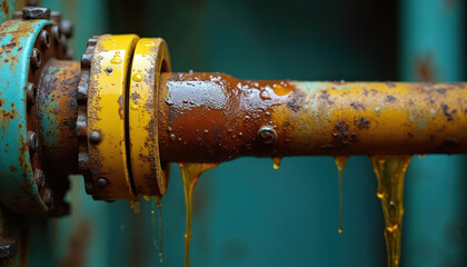 Close-up of corroded industrial pipe with leaking yellow valve. Rust, wear on metal indicate urgent need for maintenance, repair. Dripping liquid highlights plumbing issue, emphasizing deterioration,