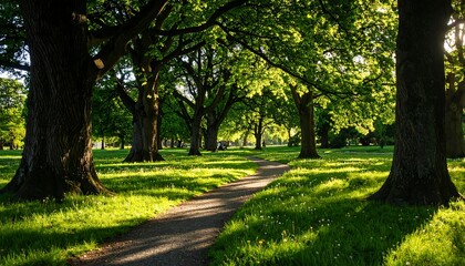 Obraz premium Sunlit path winding through a verdant park, flanked by mature trees casting dappled shade