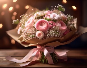 an elegant bouquet with soft pink roses, white ranunculus, and baby's breath, wrapped in brown craft paper with a pale pink satin ribbon, placed on a rustic wooden table