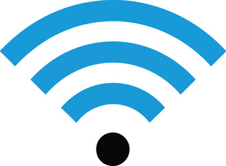 Icon of a wireless network signal with three blue concentric arcs radiating from a black dot.