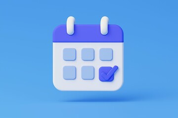 Stylized 3d calendar icon with a highlighted date representing scheduling and planning on a blue background