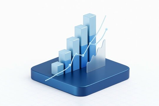 3d isometric blue bar graph with upward trend line indicating financial growth and success