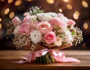 an elegant bouquet with soft pink roses, white ranunculus, and baby's breath, wrapped in brown craft paper with a pale pink satin ribbon, placed on a rustic wooden table