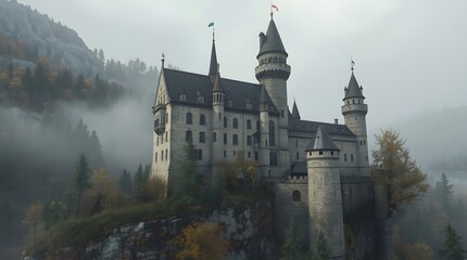 Obraz premium Majestic Castle Amidst a Misty Mountain Landscape